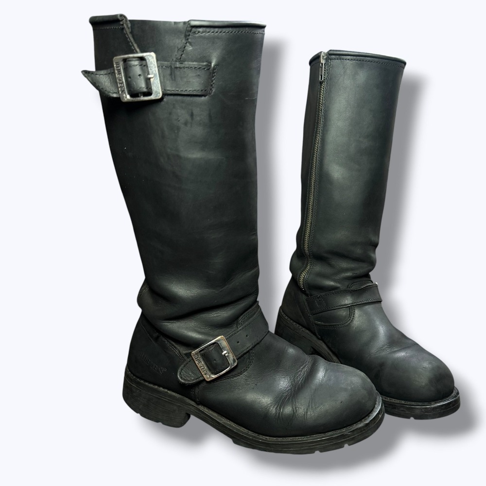 RIDE TECs Men's Black Leather Engineer Biker Boots Mid-Calf Round Toe Men's 8.5